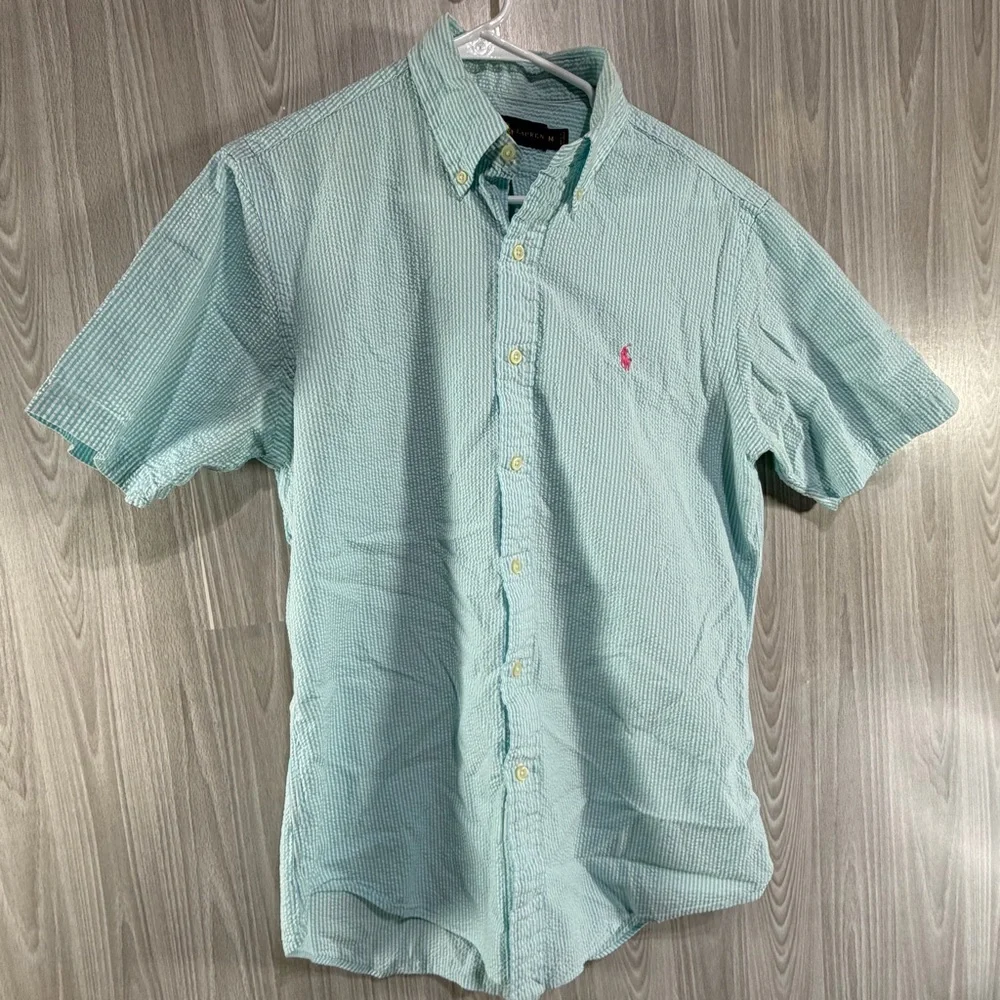 Polo Ralph Lauren Short-sleeve Blue White Seersucker Button Up Pink Pony Shirt M